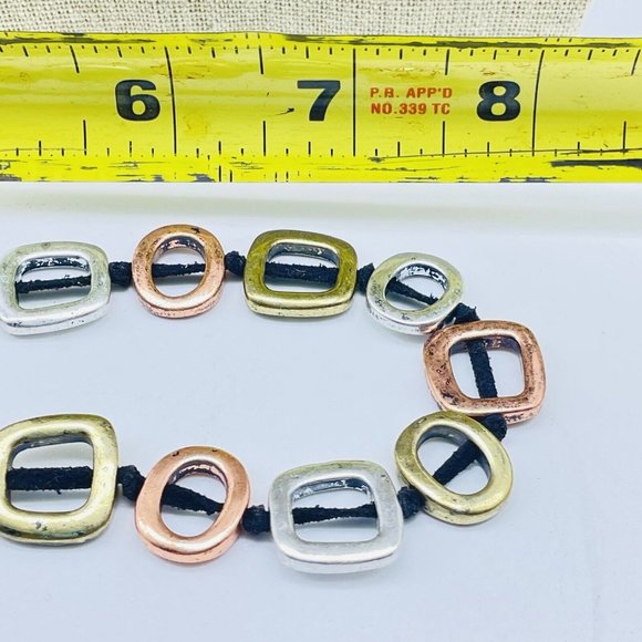 Open Square Necklace Black Suede Cord Mixed Metal Tones Modernist Classic Career - Picture 9 of 9